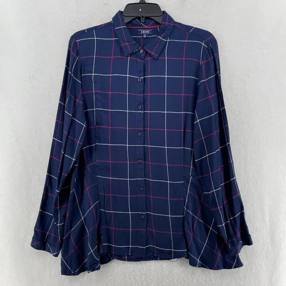 Izod Shirt Women's Sz L Blue Button-Up Windowpane Collared Regular Lightweight - Picture 1 of 12